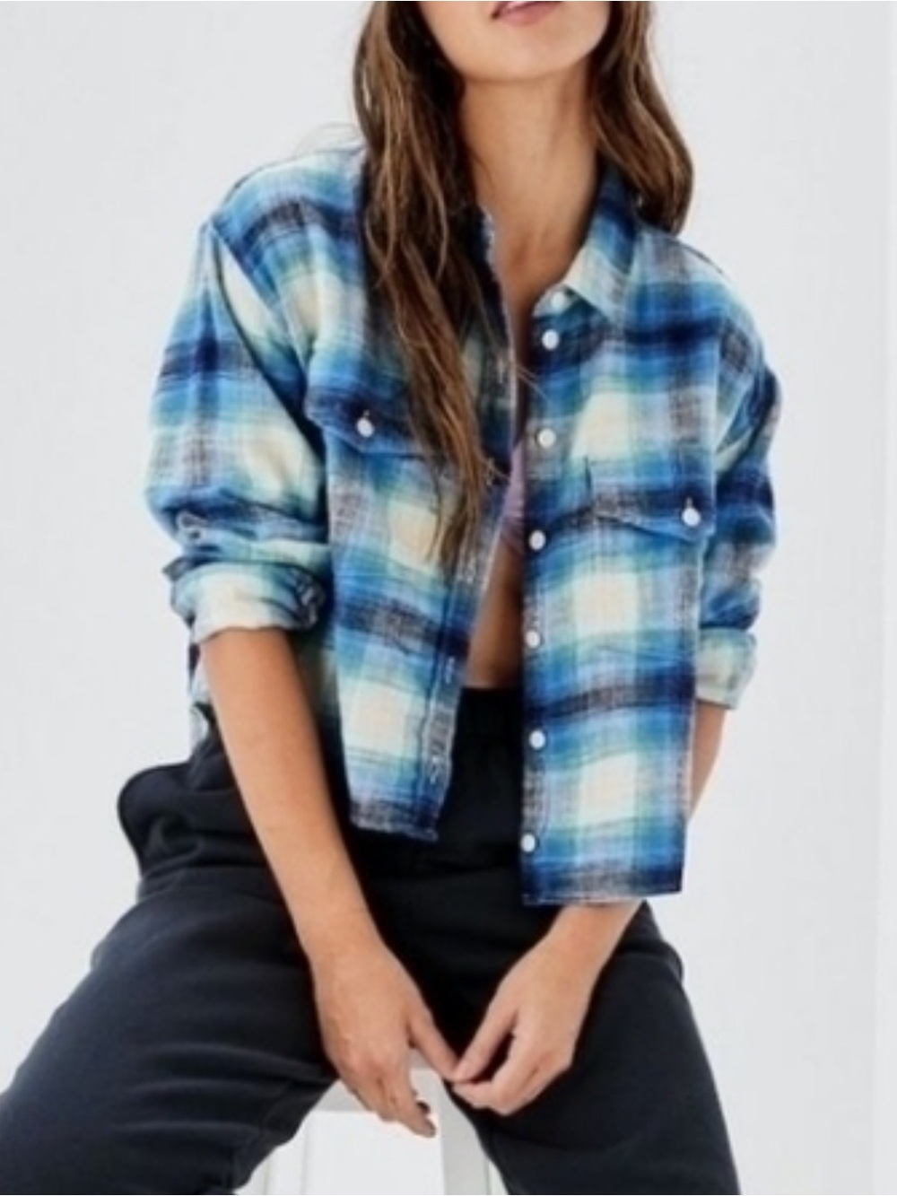 American Eagle Outfitters Blue & White Plaid Long Sleeve